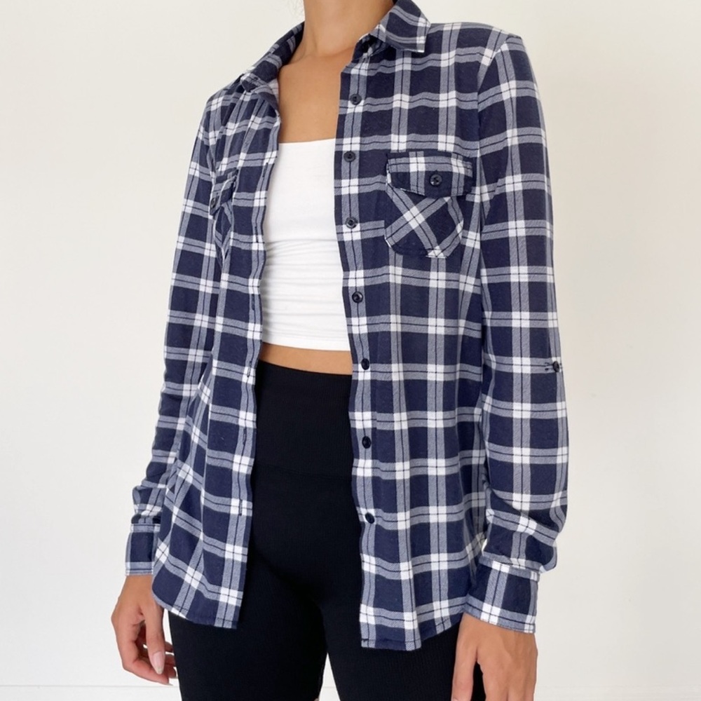 Lucky Brand Flannel Striped Boyfriend Button Down Plaid Navy/Gray/White MEDIUM